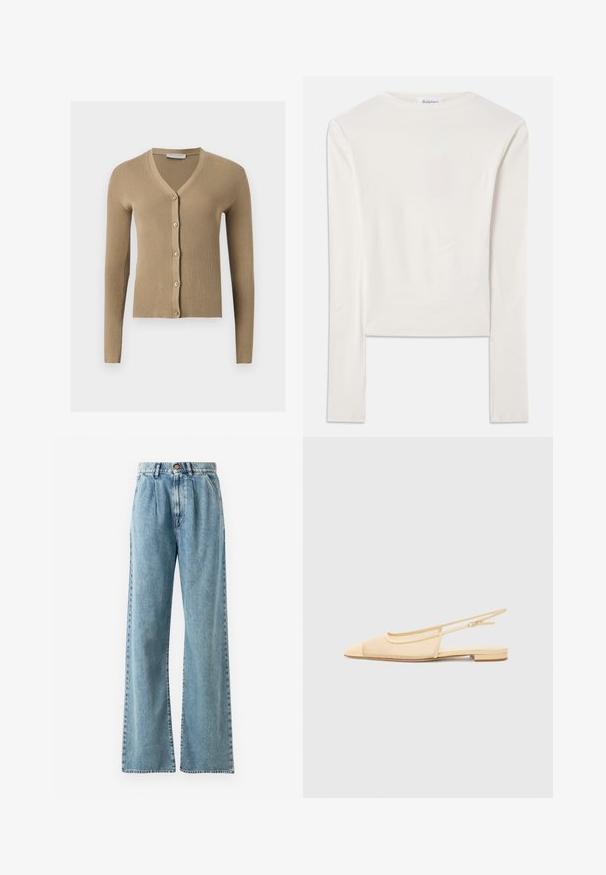 Beige ribstrikket cardigan med V-hals, lange ærmer og fem knapper foran.; Hvid langærmet top lavet af bomuld, med en simpel rund hals og en slim fit. Stof er glat med en let stræk.; Lysblå højtaljede bukser med bred ben i denim, med knaplukning, markante bukser og syede lommer.; Slingback fladsko i lys beige med en mesh-overdel, spids tå og en lav hæl. Har en justerbar strop for bedre pasform.