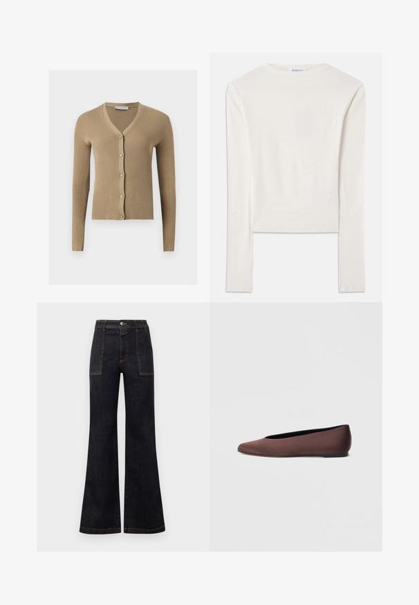 Cárdigan de punto beige acanalado con escote en V, mangas largas y cinco botones delanteros.; Camiseta blanca de manga larga hecha de algodón, con un sencillo cuello redondo y un ajuste ceñido. La tela es suave con un ligero estiramiento.; Vaqueros de mezclilla oscuros acampanados con una cintura alta, con costuras naranjas y dos bolsillos frontales. Textura suave, acabado limpio, diseño clásico.; Zapatillas de ballet de tela marrón con punta puntiaguda y textura suave, con parte trasera baja y suela negra fina. Sin patrones visibles ni elementos metálicos.