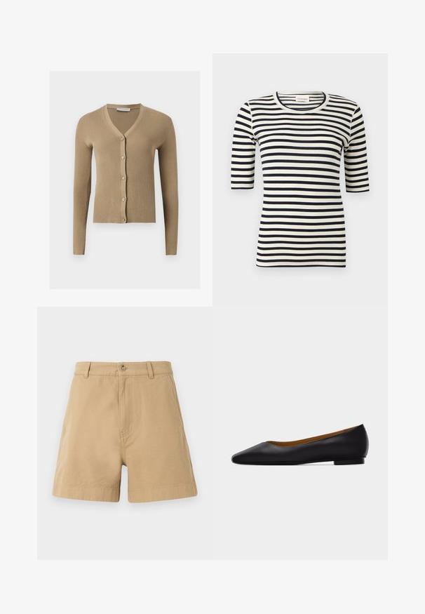 Beige geribbelde gebreide cardigan met V-hals, lange mouwen en vijf knopen aan de voorkant.; Zwart-wit horizontaal gestreept aansluitend shirt met ellelange mouwen en ronde hals.; Beige katoenen shorts met een klassiek ontwerp, voorzien van een sluiting met een voorknop en riemlussen. Glad van textuur met zijzakken.; Zwarte leren puntschoen met lage hak en gladde afwerking, zijaanzicht op een lichtgrijze achtergrond.