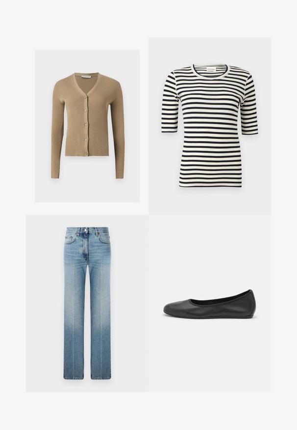 Cardigan beige en maille côtelée avec encolure en V, manches longues et cinq boutons à l'avant.; Chemise ajustée à rayures horizontales noires et blanches avec manches jusqu'au coude et col rond.; Jean droit bleu clair en denim, avec un léger dégradé, un design classique à cinq poches et un bouton en métal à la taille.; Ballerines en cuir noir avec un bout rond, texture lisse, détails de couture minimalistes et design de semelle flexible.