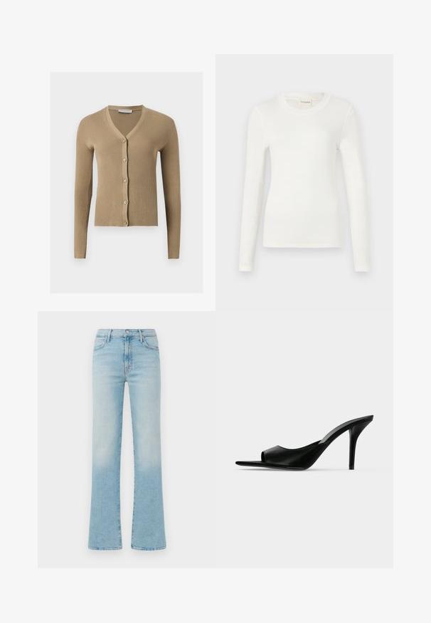 Cardigan beige en maille côtelée avec encolure en V, manches longues et cinq boutons à l'avant.; T-shirt blanc à manches longues en tissu doux, avec un col rond et une silhouette ajustée. Design minimaliste sans motifs ni accents.; Jean bleu clair évasés en denim, avec une taille haute, un design à cinq poches et une finition délavée pour un effet vintage.; Mule à talon haut en cuir noir à bout ouvert avec un talon stiletto fin, vue de profil sur un fond uni.