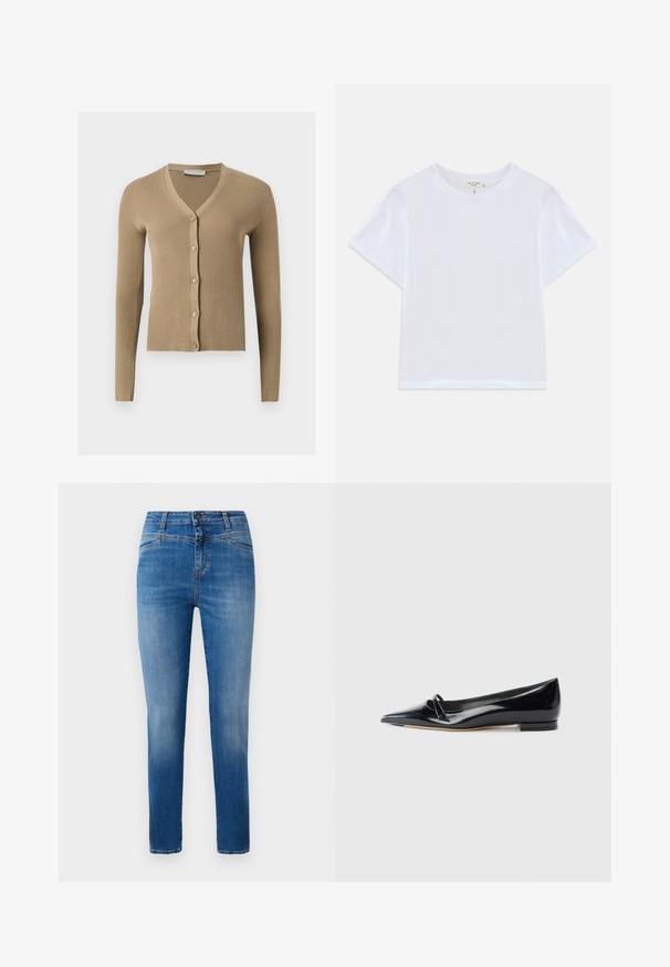 Beige ribstrikket cardigan med V-hals, lange ærmer og fem knapper foran.; Hvid cropped t-shirt lavet af blødt bomuld, med rund hals og korte ærmer og en let løs pasform. Ingen mønstre eller accenter.; Klassiske blå denimjeans med lige ben, designet med en mellem høj talje, forlommer og orange stikninger som detaljer.; Sorte patentlæder flade sko med spids tå, lille dekorativ rem og lav blokhæl. Glat tekstur og strømlinet design.