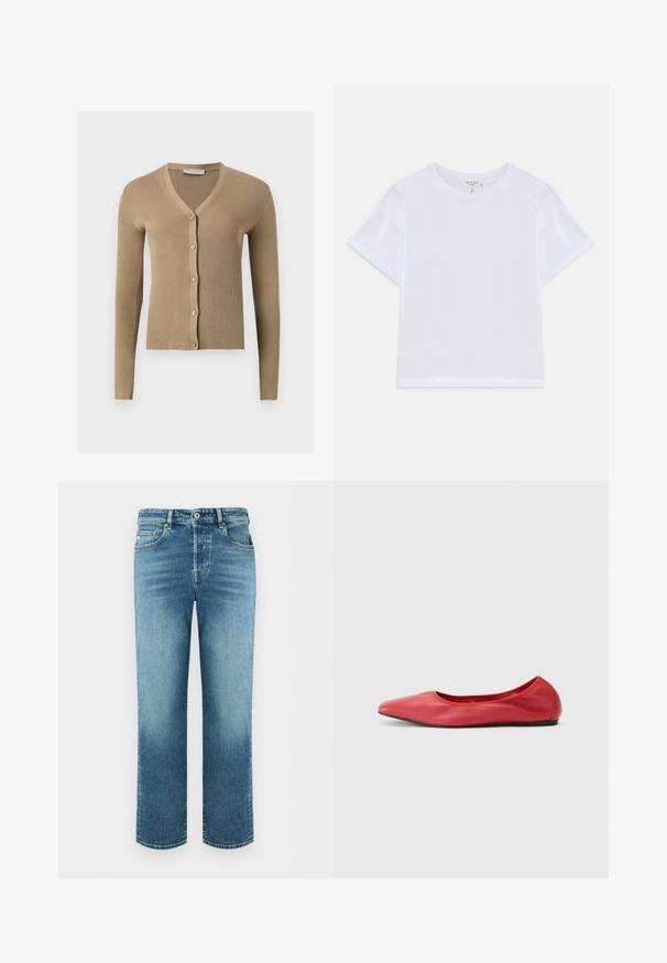 Beige Rippenstrick-Cardigan mit V-Ausschnitt, langen Ärmeln und fünf vorderen Knöpfen.; Weißes, kürzer geschnittenes T-Shirt aus weicher Baumwolle mit Rundhalsausschnitt und kurzen Ärmeln in einem leicht lässigen Schnitt. Keine Muster oder Akzente.; Blaue Straight-Leg-Denim-Jeans mit Knopf- und Reißverschluss, vorne und hinten Taschen sowie subtilen ausgebleichten Details.; Filippa K REY FLATS - Klassischer Ballerina - bright red