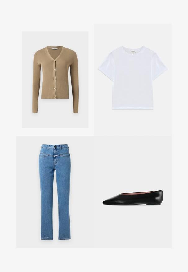 Beige ribstrikket cardigan med V-hals, lange ærmer og fem knapper foran.; Hvid cropped t-shirt lavet af blødt bomuld, med rund hals og korte ærmer og en let løs pasform. Ingen mønstre eller accenter.; Lysblå denimjeans med lige ben, høj talje og to forlommer. Har knaplukning og mærkegenkendelse nær kanten.; Sort damesko i læder med flad hæl og spids tå, vist fra siden på en ensfarvet lys grå baggrund.