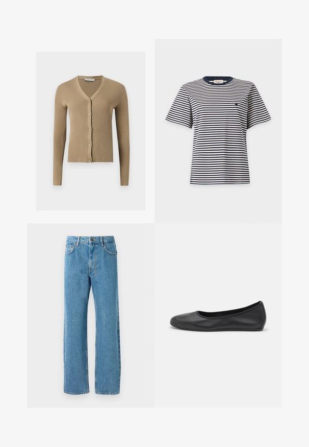 Beige ribstrikket cardigan med V-hals, lange ærmer og fem knapper foran.; Kortærmet skjorte med sort-hvide vandrette striber og et lille broderet logo på venstre bryst, vist på en ensfarvet baggrund.; Lyseblå denimjeans med løs pasform, høj talje, fire lommer og lynlås. Klassisk fem-lomme design.; Sort læderballetsko med rund tå, glat tekstur, minimal syning og et fleksibelt såldesign.