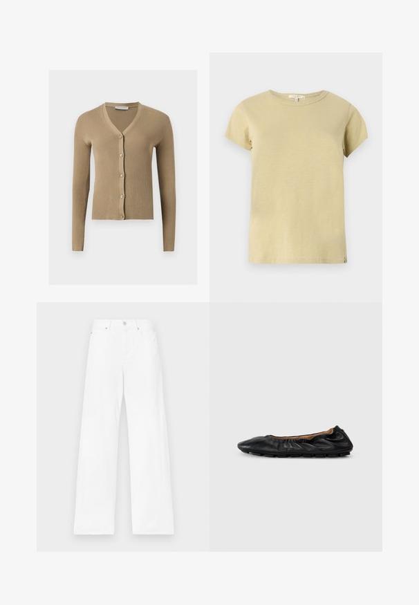 Beige ribstrikket cardigan med V-hals, lange ærmer og fem knapper foran.; Enkelt lysebeige kortærmet bomulds-T-shirt med rund hals og en lille stofmærkat nederst i højre side.; Hvide jeans med vidde i benene og høj talje, lavet af denim, med lukkemekanisme foran med knapper og fem lommer. Glat tekstur, minimalistisk design.; Sort læder balletflade med samlet detaljering ved kraven, rund tå og fleksibel gummisål. Glat tekstur hele vejen igennem.