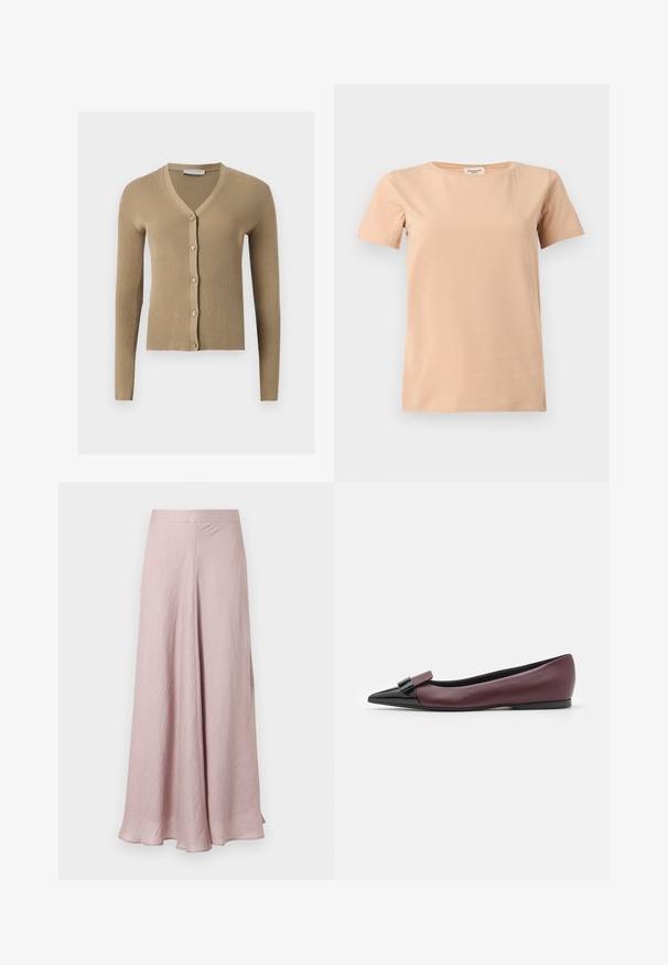 Cardigan beige en maille côtelée avec encolure en V, manches longues et cinq boutons à l'avant.; T-shirt beige manches courtes avec col rond et ourlet droit sur un fond uni gris clair.; Jupe midi fluide rose clair avec une texture lisse et une légère évasement, dotée d'une taille haute et d'une couture centrale avant.; Chaussure plate en cuir bordeaux avec un bout pointu, présentant un accent noir brillant à l'avant et un design élégant.
