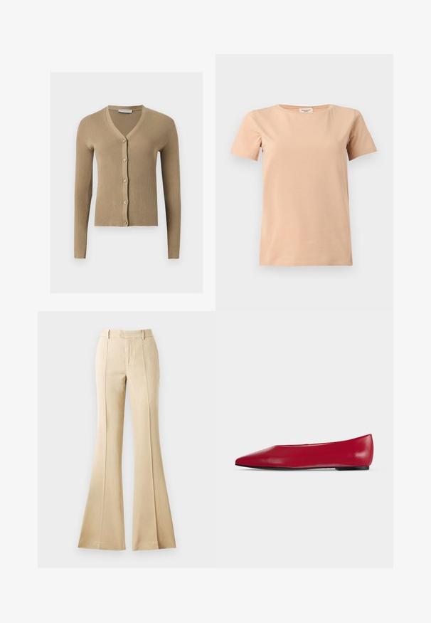 Cardigan beige en maille côtelée avec encolure en V, manches longues et cinq boutons à l'avant.; T-shirt beige manches courtes avec col rond et ourlet droit sur un fond uni gris clair.; Pantalons évasés beiges en tissu lisse, avec des plis devant, une taille haute et une silhouette épurée et ajustée.; Chaussure plate en cuir rouge à bout pointu, semelle noire et petit talon, vue de profil sur un fond clair uni.
