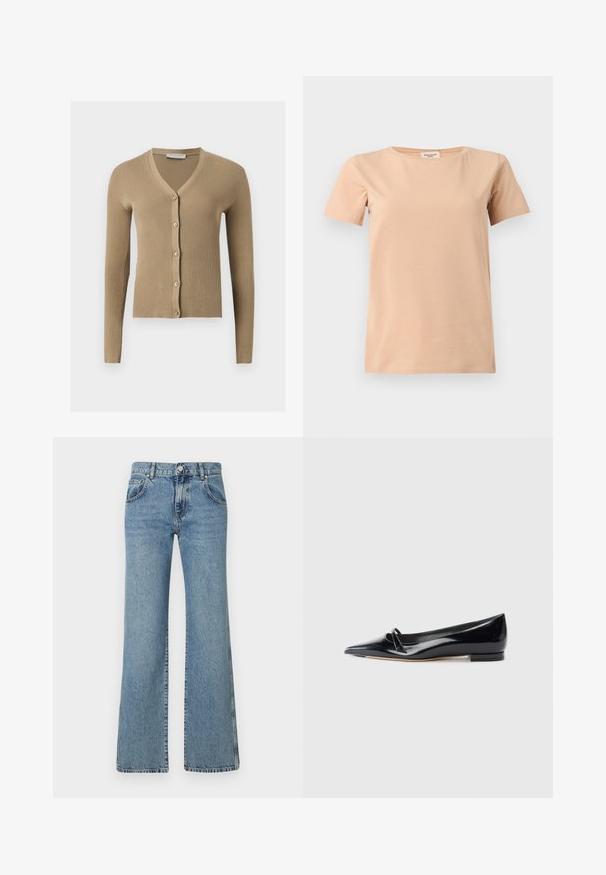 Beige geribbelde gebreide cardigan met V-hals, lange mouwen en vijf knopen aan de voorkant.; Beige T-shirt met korte mouwen, ronde hals en rechte zoom op een effen lichtgrijze achtergrond.; Lichtblauwe, flared jeans van denimstof, met een tailleband met een knoopsluiting, vijf zakken en een klassiek gestikt ontwerp.; Zwarte gepatenteerde leren platte schoen met een puntige neus, een kleine decoratieve band en een lage blokhak. Gladde textuur en strak ontwerp.