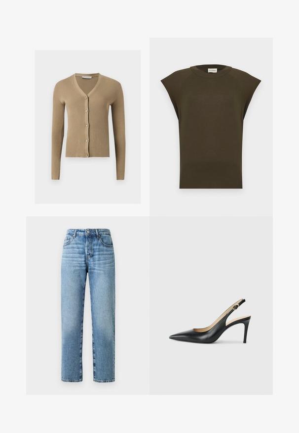 Cárdigan de punto beige acanalado con escote en V, mangas largas y cinco botones delanteros.; Top de punto sin mangas de color verde oliva oscuro con cuello redondo y dobladillo acanalado, mostrado plano sobre un fondo claro.; Jeans de mezclilla azul claro con un diseño de pierna recta, costuras visibles, cierre de botón y estilo de cinco bolsillos.; Tacones altos negros de cuero con tirantes, punta afilada, correa ajustable y un elegante tacón de aguja, con un acabado suave.