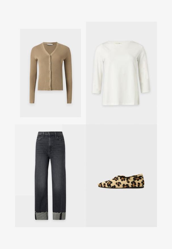 Cardigan beige en maille côtelée avec encolure en V, manches longues et cinq boutons à l'avant.; Chemise blanche à manches longues avec un col rond, présentée sur un fond clair uni.; Jean noir taille haute à jambe droite avec ourlets roulés et légère décoloration sur les cuisses, présenté sur un fond clair uni.; Chaussures plates en imprimé léopard en fausse fourrure douce, avec un design à bout pointu et un profil bas. Teintes naturelles avec des accents noirs.