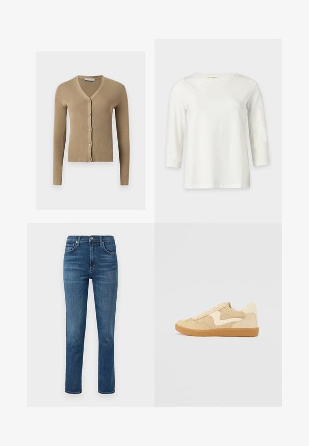 Cardigan beige en maille côtelée avec encolure en V, manches longues et cinq boutons à l'avant.; Chemise blanche à manches longues avec un col rond, présentée sur un fond clair uni.; Jean en denim bleu foncé avec une coupe droite, un design à cinq poches et un bouton en métal à la taille. Légères décolorations et détails de couture.; Sneaker beige avec des matériaux en daim et en maille, forme arrondie, col rembourré proéminent et semelle en caoutchouc gomme. Présente un accent de design en forme de vague.
