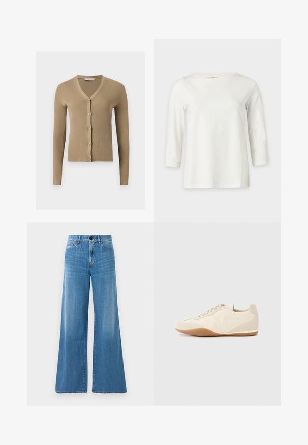 Beige ribstrikket cardigan med V-hals, lange ærmer og fem knapper foran.; Hvid langærmet skjorte med rund halsudskæring, vist på en ensfarvet lys baggrund.; Blå højtaljede denim jeans med bred benudskæring, frontknap, lynlåslukning og for- samt baglommer.; Lyse beige sneakers med en tekstureret læderoverdel, teksturerede sider og en gummisål. Har et slankt, strømlinet design og flade snørebånd.