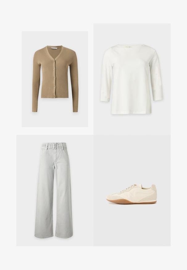 Cardigan beige en maille côtelée avec encolure en V, manches longues et cinq boutons à l'avant.; Chemise blanche à manches longues avec un col rond, présentée sur un fond clair uni.; Jean gris clair taille haute à jambes larges, avec poches avant, passants de ceinture et ceinture en tissu assortie avec boucle.; Baskets beige clair avec une tige en cuir texturé, des panneaux latéraux texturés et une semelle en caoutchouc. Dotées d'un design fin et épuré ainsi que de lacets plats.