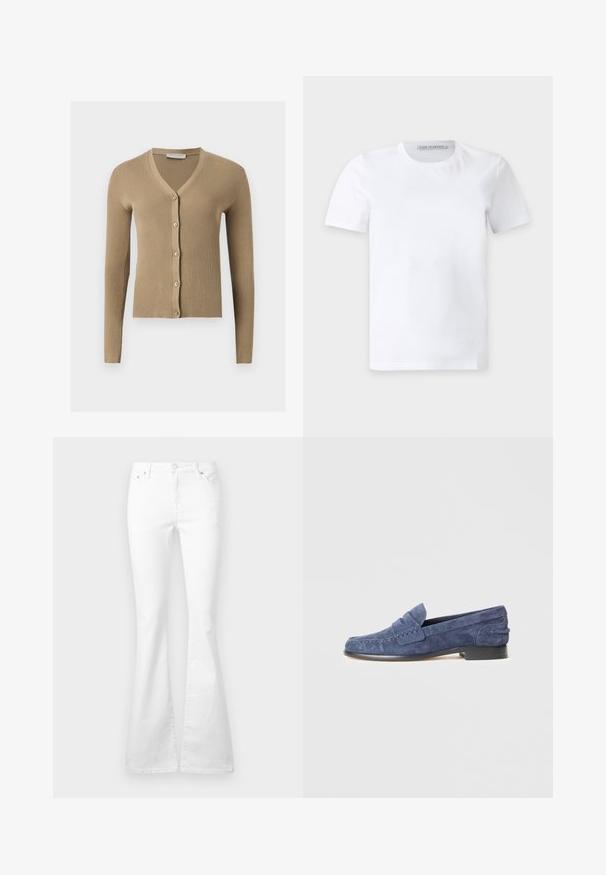 Cardigan beige en maille côtelée avec encolure en V, manches longues et cinq boutons à l'avant.; T-shirt blanc uni à manches courtes et col rond avec une petite étiquette de marque à l'intérieur du col portant la mention "Tiger of Sweden."; Jean blanc taille haute avec bouton frontal, poches et jambes évasées sur un fond clair uni.; Mocassins en daim bleu marine avec un talon plat, des détails cousus et une bride décorative traversant le cou-de-pied. Texture lisse et design classique.