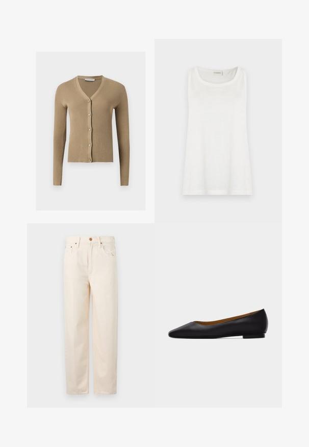 Beige ribstrikket cardigan med V-hals, lange ærmer og fem knapper foran.; Hvid, ærmeløs top med rund halsudskæring. Fremstillet af let, blødt stof med en afslappet pasform og rene kanter. Mærke synligt ved nakken.; Beige højtaljede jeans lavet af bomuld. Har fem lommer, en knap- og lynlåslukning, lige ben og diskret sømdetalje.; Sort læder flad sko med spids tå, lav hæl og glat finish, vist fra siden på en lysegrå baggrund.