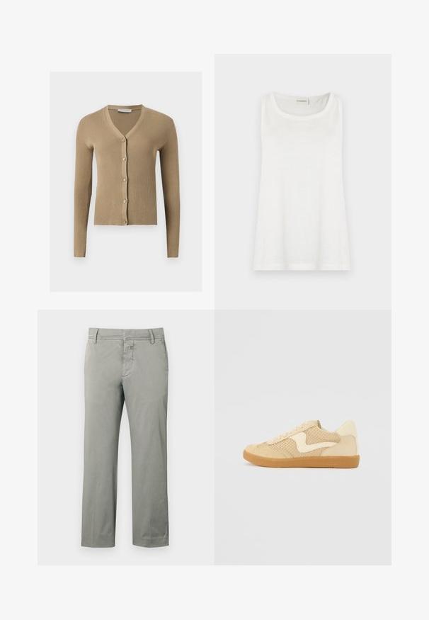 Cardigan beige en maille côtelée avec encolure en V, manches longues et cinq boutons à l'avant.; Débardeur blanc sans manches avec un col rond. Fabriqué en tissu léger et doux, avec une coupe décontractée et des bords nets. Étiquette visible au niveau du col.; Chinos gris clair en coton, avec une coupe droite, des passants pour ceinture, des poches avant, et une braguette zippée avec fermeture par bouton.; Sneaker beige avec des matériaux en daim et en maille, forme arrondie, col rembourré proéminent et semelle en caoutchouc gomme. Présente un accent de design en forme de vague.