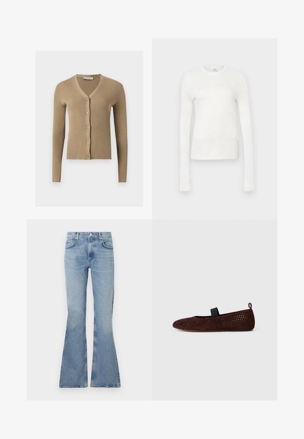 Beige geribbelde gebreide cardigan met V-hals, lange mouwen en vijf knopen aan de voorkant.; Witte langemouwen t-shirt gemaakt van zachte katoen. Heeft een ronde hals, aansluitende pasvorm en een gladde textuur. Geen patronen of accenten.; Lichtblauwe flared jeans van denim, met een hoge taille, vijf zakken en subtiele vervagingen door de stof.; Bruine suède ballet flats met perforatiedesign. Voorzien van een zwarte elastische band en een lus bij de hiel voor gemakkelijke aan- en uittrekken.