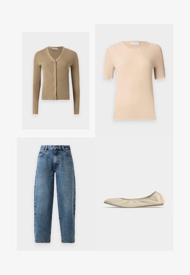Cardigan beige en maille côtelée avec encolure en V, manches longues et cinq boutons à l'avant.; Haut en maille côtelé beige à manches courtes, col rond, coupe ajustée et étiquette "Tiger of Sweden" visible à l'intérieur du col.; Jean en denim bleu clair avec une coupe droite, taille haute et des coutures minimalistes. Style classique à cinq poches avec quincaillerie en métal.; Ballerine beige en cuir souple avec bout arrondi, profil latéral bas et semelle fine en caoutchouc sur fond blanc uni.