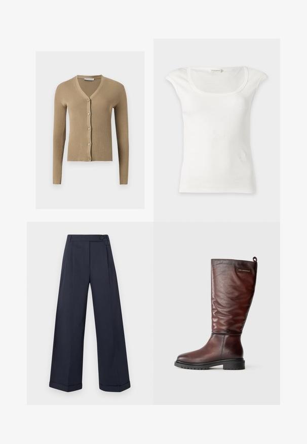 Beige ribstrikket cardigan med V-hals, lange ærmer og fem knapper foran.; Hvid ribbet ærmeløs top med rund halsudskæring og små skulderklapper, vist på en ensfarvet lys baggrund.; Mørkeblå bukser med vide ben med opbuk ved kanterne, høj talje, knapdetaljer i siden og forreste læg.; Brune læderknæhøje støvler med et let slouch-design, rund tå og en tykk, struktureret sort gummisål. Har logo-patch.