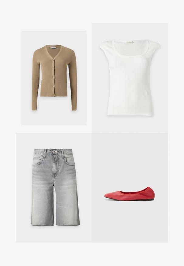 Cardigan beige en maille côtelée avec encolure en V, manches longues et cinq boutons à l'avant.; Haut blanc sans manches côtelé avec un col rond et de petites épaulettes, présenté sur un fond clair uni.; Short en jean gris délavé taille haute avec ourlets effilochés, poches avant, passants de ceinture, fermeture par bouton et glissière.; Filippa K REY FLATS - Ballerines - bright red