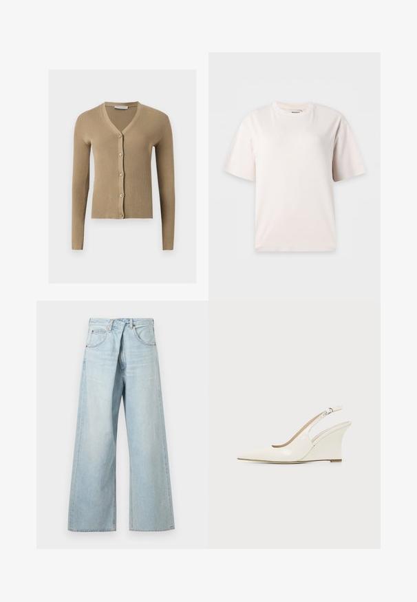 Cardigan beige en maille côtelée avec encolure en V, manches longues et cinq boutons à l'avant.; T-shirt blanc uni à manches courtes avec col rond, présenté sur un fond gris clair.; Jean denim bleu clair à jambes larges avec passants de ceinture et poches avant, présenté de face sur un fond uni.; Chaussure compensée blanche en cuir verni avec bout pointu et bride ajustable à boucle sur fond uni.