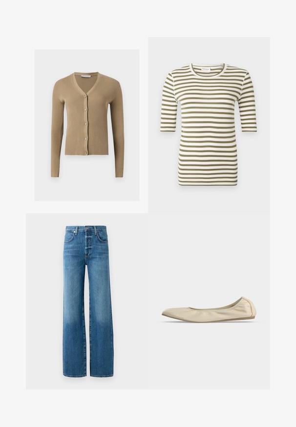 Beige Rippenstrick-Cardigan mit V-Ausschnitt, langen Ärmeln und fünf vorderen Knöpfen.; Kurzärmeliges Hemd mit olivgrünen und weißen horizontalen Streifen und rundem Ausschnitt vor einfarbigem Hintergrund.; Weite Jeans aus hellblauem Denim. Verfügt über einen Knopfverschluss, Gürtelschlaufen und kontrastierende Nähte. Der Stoff hat einen leicht verwaschenen Effekt.; Beiger weicher Ledertalier mit abgerundeter Spitze, niedrigem seitlichen Profil und schlanker Gummisohle auf schlichtem weißem Hintergrund.