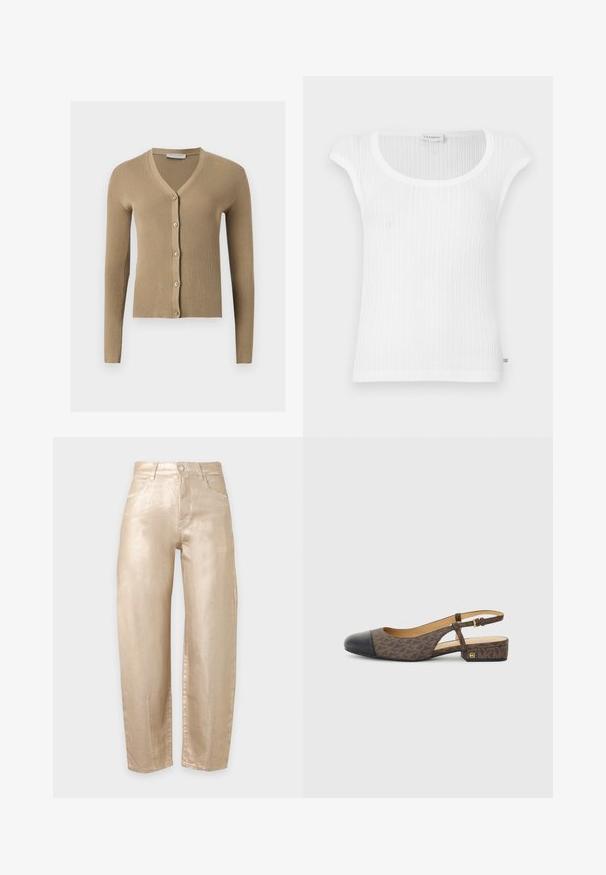 Beige geribbelde gebreide cardigan met V-hals, lange mouwen en vijf knopen aan de voorkant.; Witte geribbelde tanktop met een ronde hals en mouwloze schouders, gemaakt van een zachte stof met een subtiel merkembleem aan de zoom.; Broek met hoge taille en rechte pijpen in glanzende beige stof met voorzakken, riemlussen en een knoopsluiting aan de voorkant.; Slingback schoen met een bruine gestreepte stoffen bovenkant en een zwarte leren neus. Heeft een kleine blokhak en een gespstrap.