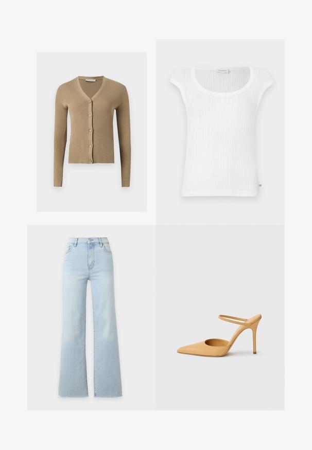 Cardigan beige en maille côtelée avec encolure en V, manches longues et cinq boutons à l'avant.; Débardeur blanc côtelé avec un col rond et des manches courtes, confectionné dans une texture douce avec une étiquette de marque discrète à l'ourlet.; Jean en denim bleu clair taille haute avec jambes larges, fermeture à boutons et zip à l’avant, et poches avant, présenté sur un fond uni.; Chaussure à talon aiguille beige à bout pointu avec une fine bride de cheville sur fond blanc.