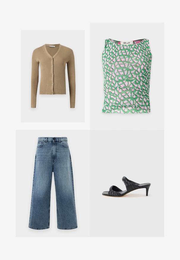 Beige ribstrikket cardigan med V-hals, lange ærmer og fem knapper foran.; Ærmeløs lyserød top med grønt abstrakt løkkemønster og et mærke med teksten Diane von Furstenberg ved halsudskæringen.; Lyseblå vide jeans lavet af denim, med høj talje, forlommer og klassisk syning. Ingen synlige dekorationer.; Sorte hælede sandaler med firkantet tå, lavet af glat læder. Har samlet remme og en slank hæl for ekstra højde.