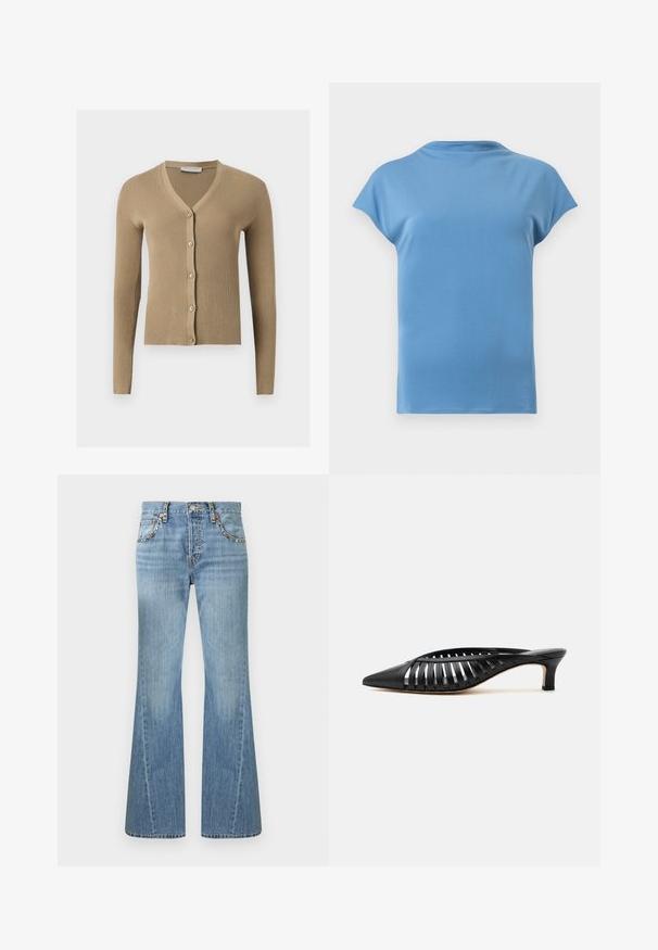 Cardigan beige en maille côtelée avec encolure en V, manches longues et cinq boutons à l'avant.; Chemise manches courtes bleu clair unie avec un col rond et une coupe décontractée, vue de dos sur un fond neutre.; Jean en denim bleu clair avec une taille haute, des jambes évasées et une bordure cloutée le long des poches avant et des passants de ceinture.; Mule en cuir noir avec bout pointu, design découpé à brides et petit talon kitten sur fond blanc.