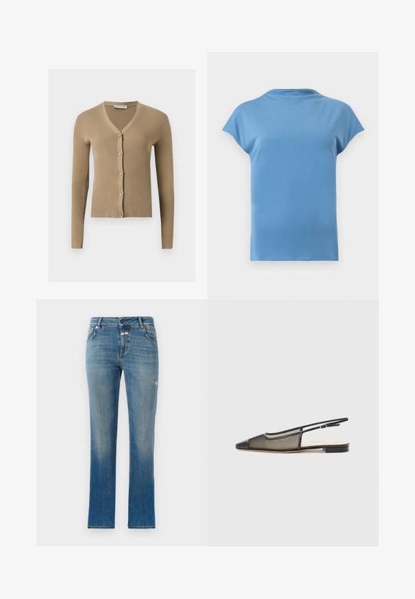 Beige ribstrikket cardigan med V-hals, lange ærmer og fem knapper foran.; Solid lyseblå kortærmet skjorte med rund hals og afslappet pasform, vist bagfra på en neutral baggrund.; Lysblå lige ben jeans lavet af denim. Har en mid-rise talje, frontlommer og let slitage på stoffet.; Sort og guld slingback sko med spids tå, mesh-design og flad sål. Har en tynd ankelrem med en cirkulær spændeaccent.