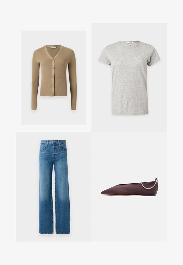 Cárdigan de punto beige acanalado con escote en V, mangas largas y cinco botones delanteros.; Camiseta gris claro de manga corta y cuello redondo con un sutil patrón jaspeado presentada sobre un fondo liso.; Jeans de pierna ancha fabricados con denim azul claro. Presenta una cremallera de botones, trabillas para el cinturón y costuras en contraste. La tela tiene un efecto de lavado desgastado.; Zapato plano de punta fina de color marrón oscuro con un tacón bajo y un detalle de cadena de pedrería plateada en la parte trasera.
