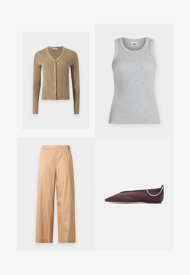 Cardigan beige en maille côtelée avec encolure en V, manches longues et cinq boutons à l'avant.; Débardeur côtelé gris clair sans manches avec un col rond et une étiquette DRYKORN à l'intérieur du col.; Pantalon beige à jambes larges avec une taille haute, un devant plat et un ourlet droit, présenté sur un fond gris clair uni.; Chaussure plate marron foncé à bout pointu avec un petit talon et un détail chaîne en strass argentée à l'arrière.