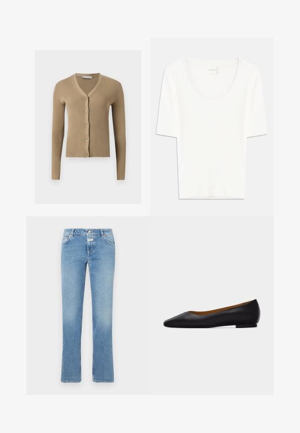 Cardigan beige en maille côtelée avec encolure en V, manches longues et cinq boutons à l'avant.; T-shirt blanc à manches courtes avec un col rond. Fabriqué en coton doux, il présente une coupe décontractée et un design minimaliste.; Jean en denim bleu avec une coupe droite, taille mi-haute, cinq poches et un léger délavage sur l'ensemble du tissu.; Chaussure plate en cuir noir à bout pointu avec talon bas et finition lisse, vue de côté sur un fond gris clair.