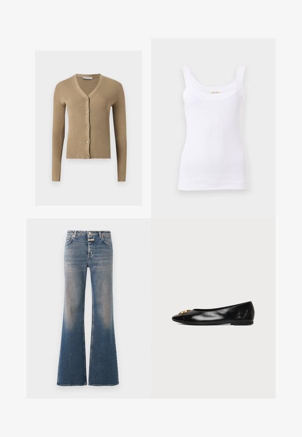 Cardigan beige en maille côtelée avec encolure en V, manches longues et cinq boutons à l'avant.; Débardeur blanc côtelé avec larges bretelles et encolure dégagée, présenté sur un fond uni clair.; Jean en denim bleu délavé avec une taille haute, style classique cinq poches, fermeture par boutons et jambes évasées larges.; Chaussure plate en cuir noir avec un bout pointu et un emblème décoratif doré sur fond blanc uni.