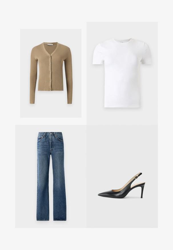 Beige ribstrikket cardigan med V-hals, lange ærmer og fem knapper foran.; Hvid kortærmet T-shirt med rund hals vist mod en lysegrå baggrund.; Blå denimjeans med lige ben, der har fem lommer, knaplukning og let falmede effekter med subtile slidmærker.; Sorte læder slingback højhælede sko med spids tå, justerbar rem og en slank stiletto hæl, der har en glat finish.