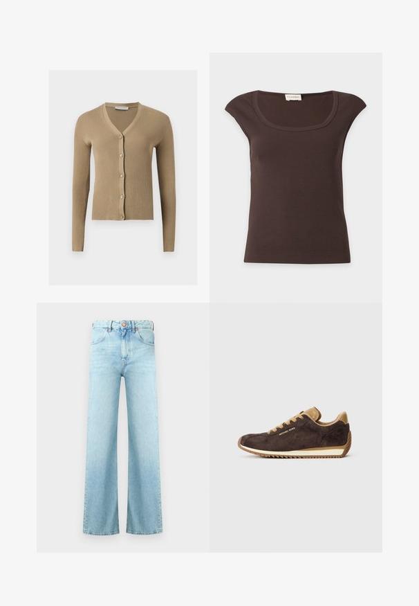 Beige ribstrikket cardigan med V-hals, lange ærmer og fem knapper foran.; Mørkebrun ribbet kortærmet top med rund halsudskæring og lille stoflabel ved halsen på hvid baggrund.; Lyseblå denimjeans med høj talje, knaplukning, forlommer og brede, lige ben.; Brune ruskindsneakers med lyse læderdetaljer, runde snørebånd, beige gummisål og "Michael Kors"-logo på ydersiden.