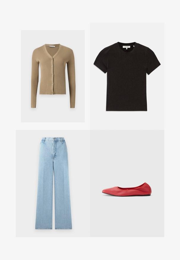 Cardigan beige en maille côtelée avec encolure en V, manches longues et cinq boutons à l'avant.; T-shirt noir à manches courtes en tricot côtelé avec encolure ronde et étiquette de marque visible au niveau du col.; Jeans larges bleu clair en denim avec une taille haute, comprenant cinq passants de ceinture, une fermeture à bouton à l'avant et des coutures cousues.; Filippa K REY FLATS - Ballerines - bright red