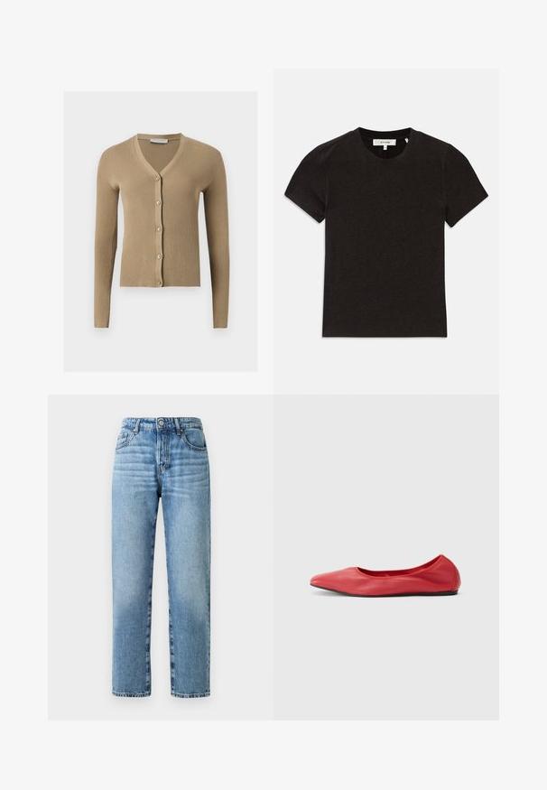 Beige ribstrikket cardigan med V-hals, lange ærmer og fem knapper foran.; Sort kortærmet ribbet strik T-shirt med rund halsudskæring og synlig mærkelabel ved kraven.; Lyst blå denimjeans med lige ben, synlige syninger, knaplukning og fem lommestil.; Filippa K REY FLATS - Ballerinasko - bright red