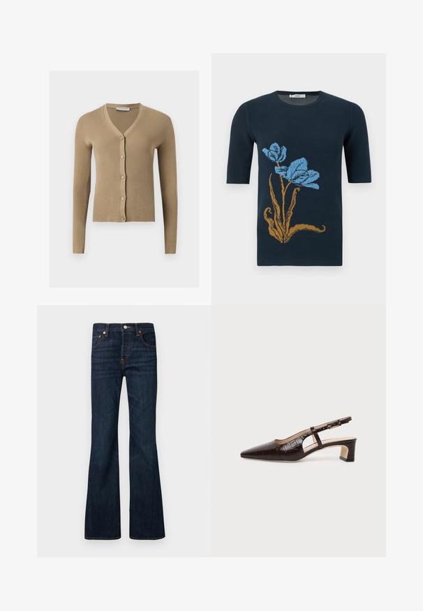 Cardigan beige en maille côtelée avec encolure en V, manches longues et cinq boutons à l'avant.; Pull à manches courtes bleu marine avec une grande tige marron et deux fleurs bleues sur le devant.; Jean en denim bleu foncé avec une légère patte d'éléphant, fermeture avant par bouton et zip, cinq poches et coutures visibles orange.; Chaussure slingback en cuir marron foncé à texture crocodile, bout pointu, talon bas bloc et bride ajustable avec boucle dorée.