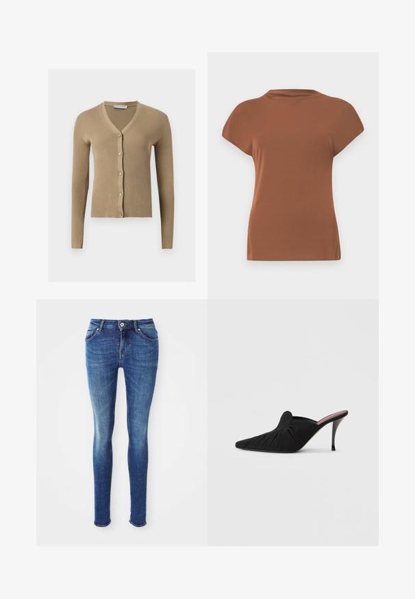 Beige ribstrikket cardigan med V-hals, lange ærmer og fem knapper foran.; Brun t-shirt med korte ærmer lavet af blødt stof, med rund halsudskæring og en afslappet pasform, med en glat overflade og ingen synlige mønstre.; Blå denim skinny jeans med en glat tekstur, mellemhøj talje, fem lommer og let falming på lårene. Skønhed med metalknap og lynlås.; Sort højhælet mule med spids tå, blødt stof med rynket tekstur foran og en slank stiletthæl.