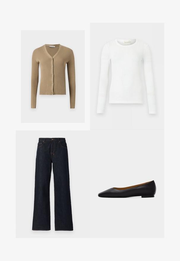 Cárdigan de punto beige acanalado con escote en V, mangas largas y cinco botones delanteros.; Suéter de punto acanalado blanco de manga larga con cuello redondo y corte ajustado, etiquetado como "CLOSED" en el interior del cuello.; Jeans de corte ancho en azul oscuro, fabricados en denim, con costuras naranjas, dos bolsillos frontales y un cierre de botón en la cintura.; Zapato plano de punta puntiaguda de cuero negro con tacón bajo y acabado liso, mostrado de perfil sobre un fondo gris claro.