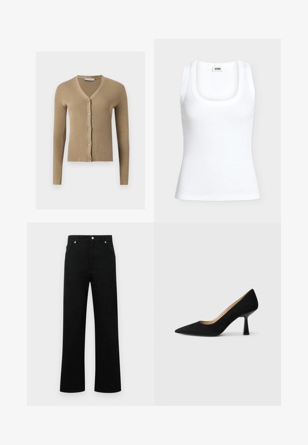 Cardigan beige en maille côtelée avec encolure en V, manches longues et cinq boutons à l'avant.; Débardeur blanc côtelé sans manches avec un col rond et une étiquette de marque DRYKORN à l'intérieur du col arrière.; Jean en denim noir avec une taille haute, coupe droite, deux poches avant, fermeture à bouton et un design minimaliste.; Pompe à talons hauts en suède noir avec un bout pointu, dotée d'un talon bloc noir brillant et d'une doublure intérieure lisse.