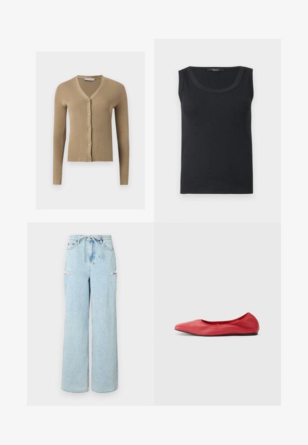 Cárdigan de punto beige acanalado con escote en V, mangas largas y cinco botones delanteros.; Camiseta sin mangas negra con costuras acanaladas y escote redondo, mostrada en plano sobre un fondo blanco.; Jeans de mezclilla de tiro alto en un azul claro, con pierna ancha y cintura con cordón. Presentan dos desgastes en las rodillas y un dobladillo limpio. Textura suave y corte relajado.; Filippa K REY FLATS - Bailarinas - bright red