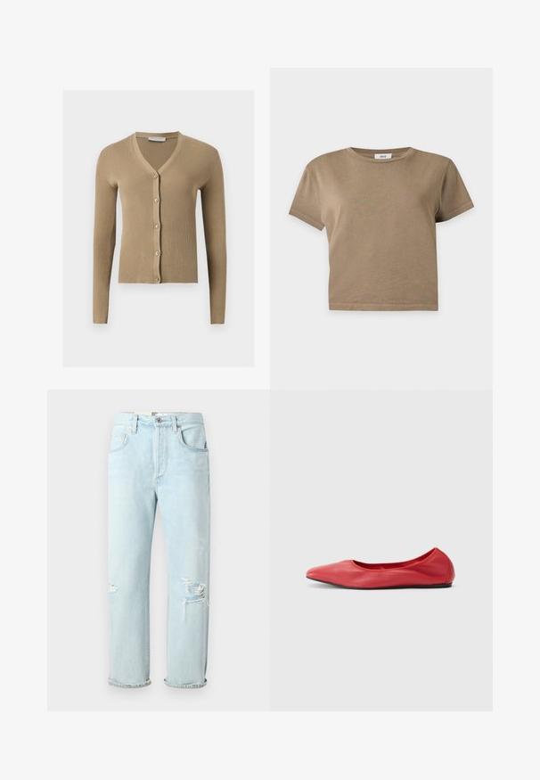 Cárdigan de punto beige acanalado con escote en V, mangas largas y cinco botones delanteros.; Camiseta corta marrón lisa de manga corta con cuello redondo sobre fondo gris claro.; Vaqueros de mezclilla azul claro con un corte relajado, que presentan desgastes y rasgaduras en la parte delantera, dobladillos enrollados y un diseño clásico de cinco bolsillos.; Filippa K REY FLATS - Bailarinas - bright red
