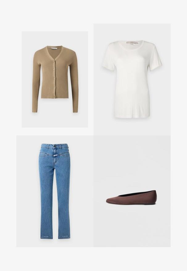 Beige Rippenstrick-Cardigan mit V-Ausschnitt, langen Ärmeln und fünf vorderen Knöpfen.; Weißes T-Shirt mit kurzen Ärmeln aus weichem, elastischem Baumwollstoff. Es hat einen runden Halsausschnitt und eine glatte, einfarbige Textur ohne sichtbare Muster.; Helle blaue Jeans aus Denim mit geradem Bein, hoher Taille und zwei Vordertaschen. Verfügt über einen Knopfverschluss und Markenakzente nahe dem Saum.; Braune Ballettschuhe aus Stoff mit spitz zulaufender Spitze und glatter Textur, ausgestattet mit einem niedrigen Rückenteil und einer dünnen schwarzen Sohle. Keine sichtbaren Muster oder Verzierungen.