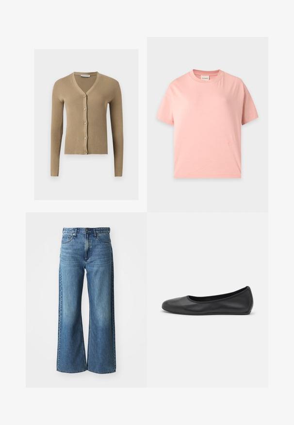 Cardigan beige en maille côtelée avec encolure en V, manches longues et cinq boutons à l'avant.; T-shirt à manches courtes rose clair avec un col rond, une coupe droite et un petit logo brodé ton sur ton près de l’ourlet inférieur.; Jean en denim bleu à jambes larges avec une taille mi-haute, cinq poches et un léger dégradé. Caractéristiques : passants de ceinture et détails cousus.; Ballerines en cuir noir avec un bout rond, texture lisse, détails de couture minimalistes et design de semelle flexible.