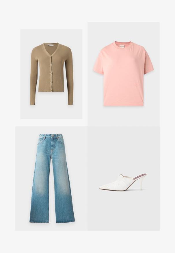 Cárdigan de punto beige acanalado con escote en V, mangas largas y cinco botones delanteros.; Camiseta de manga corta rosa claro, con cuello redondo, corte recto y un pequeño logotipo bordado en tono cerca del bajo.; Jeans de mezclilla de tiro alto en denim azul claro, con piernas anchas, diseño de cinco bolsillos y un ligero desvanecimiento a lo largo de los muslos. Detalles de herrajes en color cobre.; Mules blancos con punta afilada, textura plisada en la parte superior y un tacón de aguja delgado. Superficie lisa y diseño minimalista.
