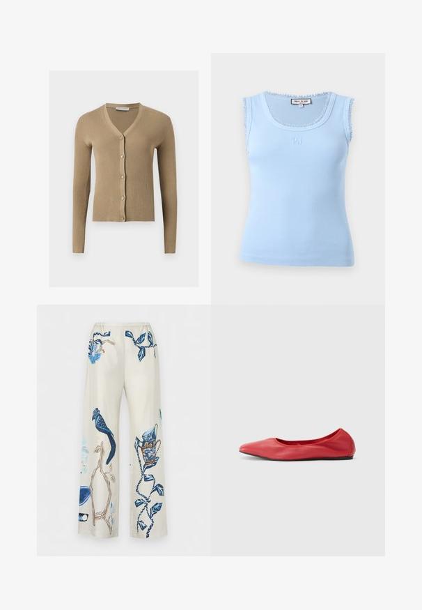 Cardigan beige en maille côtelée avec encolure en V, manches longues et cinq boutons à l'avant.; Haut sans manches bleu clair à côtes avec bordure en dentelle aux emmanchures et à l'encolure, petit logo brodé "PJ" centré sous l'encolure.; Pantalon beige à jambes larges avec des imprimés botaniques et d’oiseaux bleus, avec des feuilles et des branches détaillées et un oiseau perché sur une branche.; Filippa K REY FLATS - Ballerines - bright red